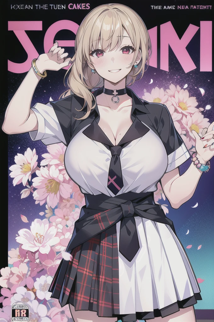 masterpiece, best quality,  full body,
1girl, bangs, black choker, black necktie, blonde hair, blue skirt, blush, bracelet, breasts, choker, clothes around waist, collarbone, collared shirt, cowboy shot, dress shirt, ear piercing, eyebrows visible through hair, gradient hair, grin, gyaru, jewelry, kogal, long hair, looking at viewer, loose necktie, necktie, piercing, plaid, plaid skirt, pleated skirt, red eyes, ring, school uniform, shirt, skirt, smile, solo, white shirt,
street, sky, cherry blossoms, petals,illustration, (magazine:1.3), (cover-style:1.3), fashionable, woman, vibrant, outfit, posing, front, colorful, dynamic, background,  elements, confident, expression, holding, statement, accessory, majestic, coiled, around, Touch, scene, Text, cover, bold, attention-grabbing, title, stylish, Font, catchy, headline, larger, striking, modern, trendy, focus, fashion,Large Breasts，cleavage，sexly，Lipstick，