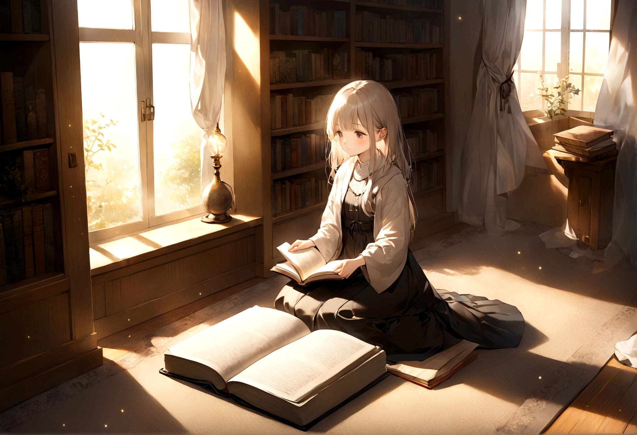 果てしないfigure書館で瞑想する少女,figure,Soft lighting,Calm atmosphere,Quiet environment,Warm tones,A bookshelf stretching into the distance,peaceful and quiet,surrounding silence,A glimpse of sunlight streaming through the window,soft carpeted floor,The gentle sound of turning pages,Breathtakingly beautiful book details,Book spine,figure書館のほこり,Magical atmosphere,(Highest quality:1.2),Super detailed,Realistic, night