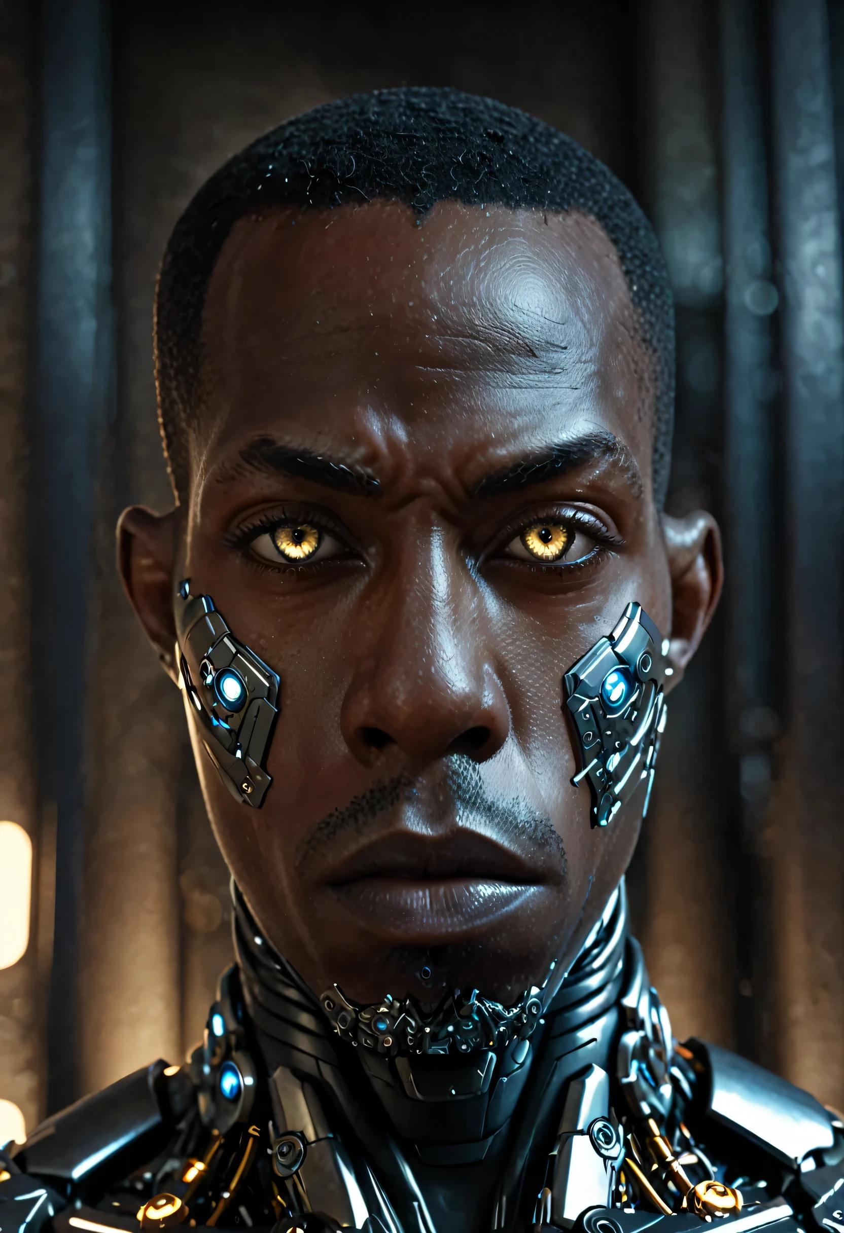 cinematic closeup front facing portrait of shawt a black man as a cyborg from dc comics, highly detailed cybernetic face, glowing cybernetic eyes, intricate mechanical parts, metallic skin, complex circuitry, futuristic design, dark moody lighting, dramatic shadows, cinematic composition, realistic rendering, hyper detailed, 8k, photorealistic