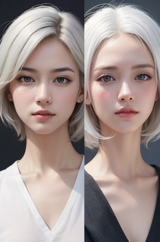 Highest quality、masterpiece、超High resolution、(Realistic:1.3)、RAW Photos、(One girl), Beautiful Face, (Realistic Face), (White Hair、short hair:1.3), Beautiful Hairstyles, Realistic eyes, Beautiful fine details, (Realistic Skin), Beautiful Skin, (shirt), Confused, charm, 超High resolution, Ultra-realistic, High resolution, Golden Ratio、Mr.々Background