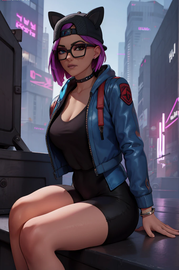 Cyberpunk Linen Suit, gothic choker, perfect face, interested look, spikes bracelet,cap, black shorts with navy blue leggings, navy blue jacket ,extremely detailed, detailed face, glasses ,beautiful face, fine eyes, looking at the viewer, feminine pose, evening