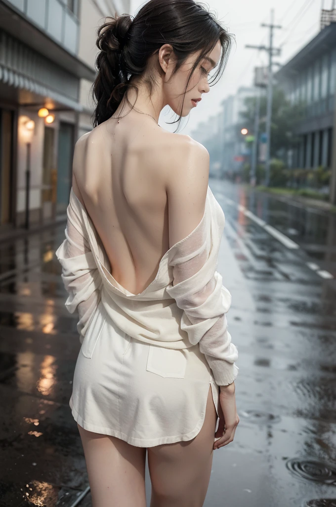 (((best quality))),(((ultra detailed))),(((masterpiece))),illustration,1girl, young,solo, slim,thin,short ponytail,((bare back,towering hips,butt crack)),((shoulder off,bare shoulder)),white shirt,shorts,standing,rainy night, heavy rain, drenched clothes, melancholy expression, solitude, tear rolling down cheek, wet hair, empty streets, dimly lit, deserted environment, sound of rain, footsteps, symbol of hope, abandoned, resilience, determination, walking in rain, heartbreak, loss, love fading, loneliness, body language, facial expression, dreary atmosphere, rain-soaked streets, somber mood, viewer engagement,((upper body,from back)),urban scape