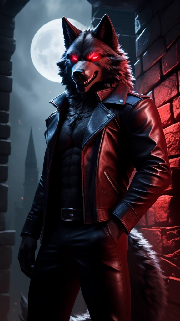 Posing, Male, 30 years old, Evil grin, black leather jacket, anthro, wolf ears, (black fur:1.5), wolf, dungeon background at night, 8k, hi res, (best quality, masterpiece), red glowing eyes, (wolf tail:1.5), detailed fur