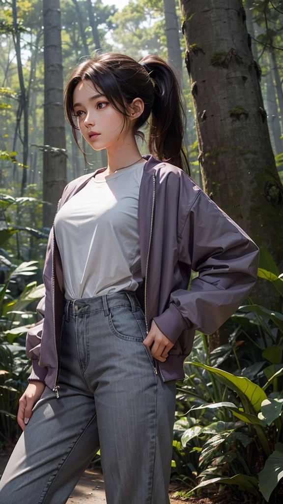 fifteen year old girl, beautiful, with brown eyes. He is wearing an open light gray jacket over a purple shirt.. Her dark brown hair is tied in a long ponytail.. Wear light gray pants. It is found in the forest, being chased by a dinosaur. 