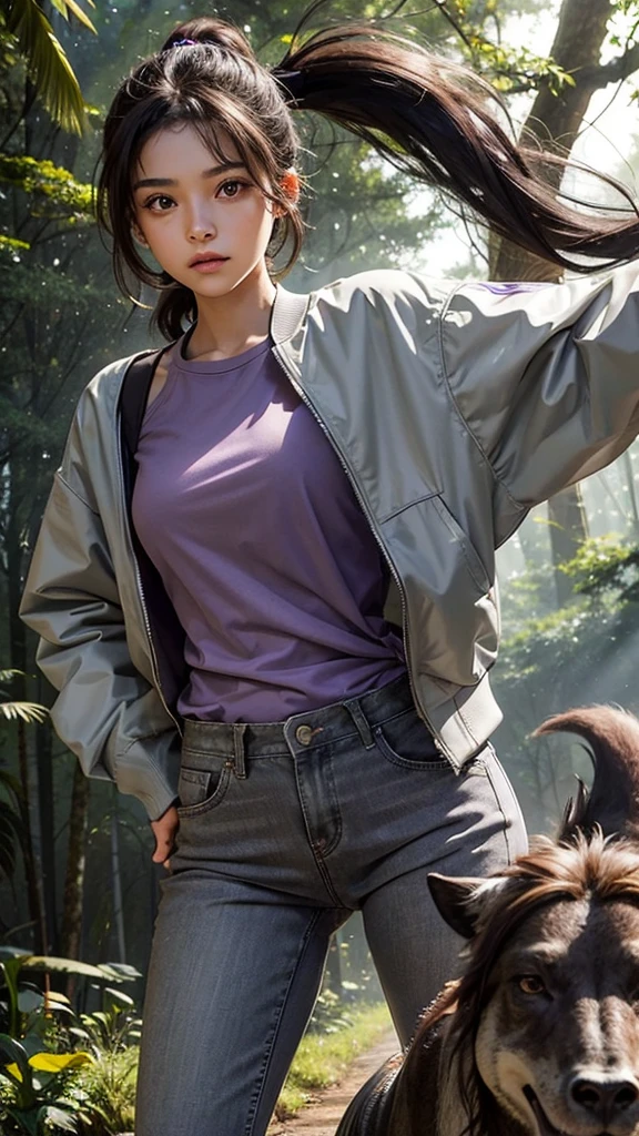 fifteen year old girl, beautiful, with brown eyes. He is wearing an open light gray jacket over a purple shirt.. Her dark brown hair is tied in a long ponytail.. Wear light gray pants. It is found in the forest, being chased by a dinosaur.