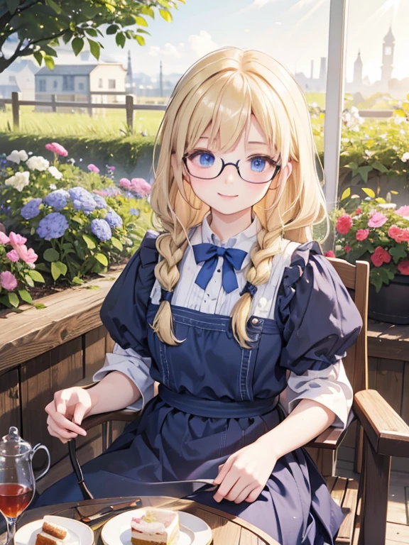 (8K, Highest quality, tableトップ:1.2)、Ultra-high resolution、14-year-old girl, Perfect Fingers, Detailed face, smile, blue eyes, Glasses, Blonde, Long Hair, Braid, Blue Apron Dress, garden, flower bed, table, tableクロス, Black tea, Tea cup, cake, Sit on a chair, Black teaを飲む
