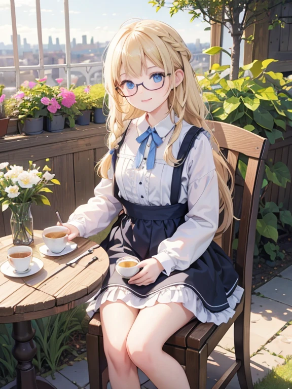 (8K, Highest quality, tableトップ:1.2)、Ultra-high resolution、14-year-old girl, Perfect Fingers, Detailed face, smile, blue eyes, Glasses, Blonde, Long Hair, Braid, Blue Apron Dress, garden, flower bed, table, tableクロス, Black tea, Tea cup, cake, Sit on a chair, Black teaを飲む