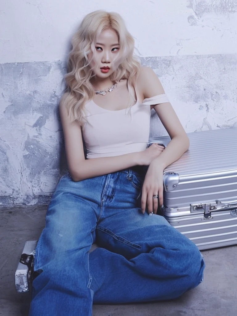 blonde woman sitting on the floor with a suitcase on her lap, roseanne park by blackpink, jia, jinyoung shin, pale skin curly blonde hair, sun yunjoo, official artwork, heonhwa choe, glass, rena noun style 3/4, baggy Cowboys, pale and light skin!!, ad image, kim taejin, jaeyeon nam, Cowboys