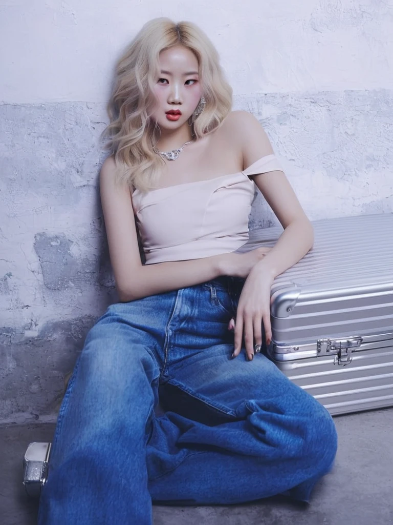 blonde woman sitting on the floor with a suitcase on her lap, roseanne park by blackpink, jia, jinyoung shin, pale skin curly blonde hair, sun yunjoo, official artwork, heonhwa choe, glass, rena noun style 3/4, baggy Cowboys, pale and light skin!!, ad image, kim taejin, jaeyeon nam, Cowboys