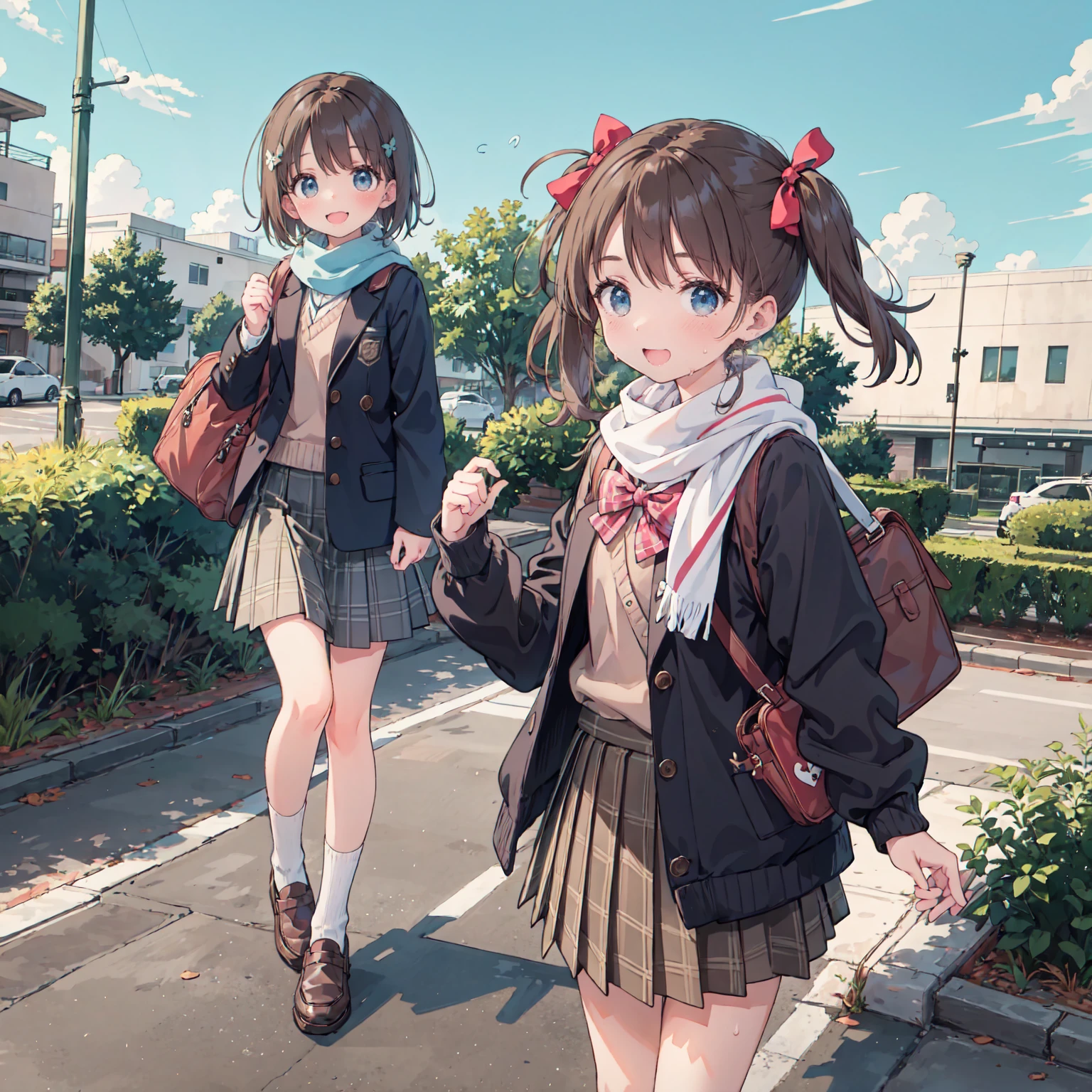 finely DetaileD illustration, best quality, masterpiece, vibrant color,8-year-old、pretty girl、幸せなsmile、Beautiful background,Long Hair, View your audience, blush, smile, Open your mouth, bangs, blue eyes, Multiple Girls, skirt, Brown Hair, shirt, Black Hair, Long sleeve, bow, Brown eyes, very Long Hair, , Are standing, Jacket, white shirt, :D, Sweat, pleateD skirt, Outdoor, Open clothes, shoes, Day, shoes下, Striped, collareD shirt, Please raise your hand, Three Girls, bag, scarf, reD bow, open Jacket, black Jacket, V-shaped eyebrows, Sleeves are longer than the wrist, parteD bangs, Plaid, Knee-length, nose blush, Plaid skirt, Brown footwear, flying SweatDrops, blazer, cardigan, loafers, grey skirt, school bag, Striped bow, Diagonal stripes, station