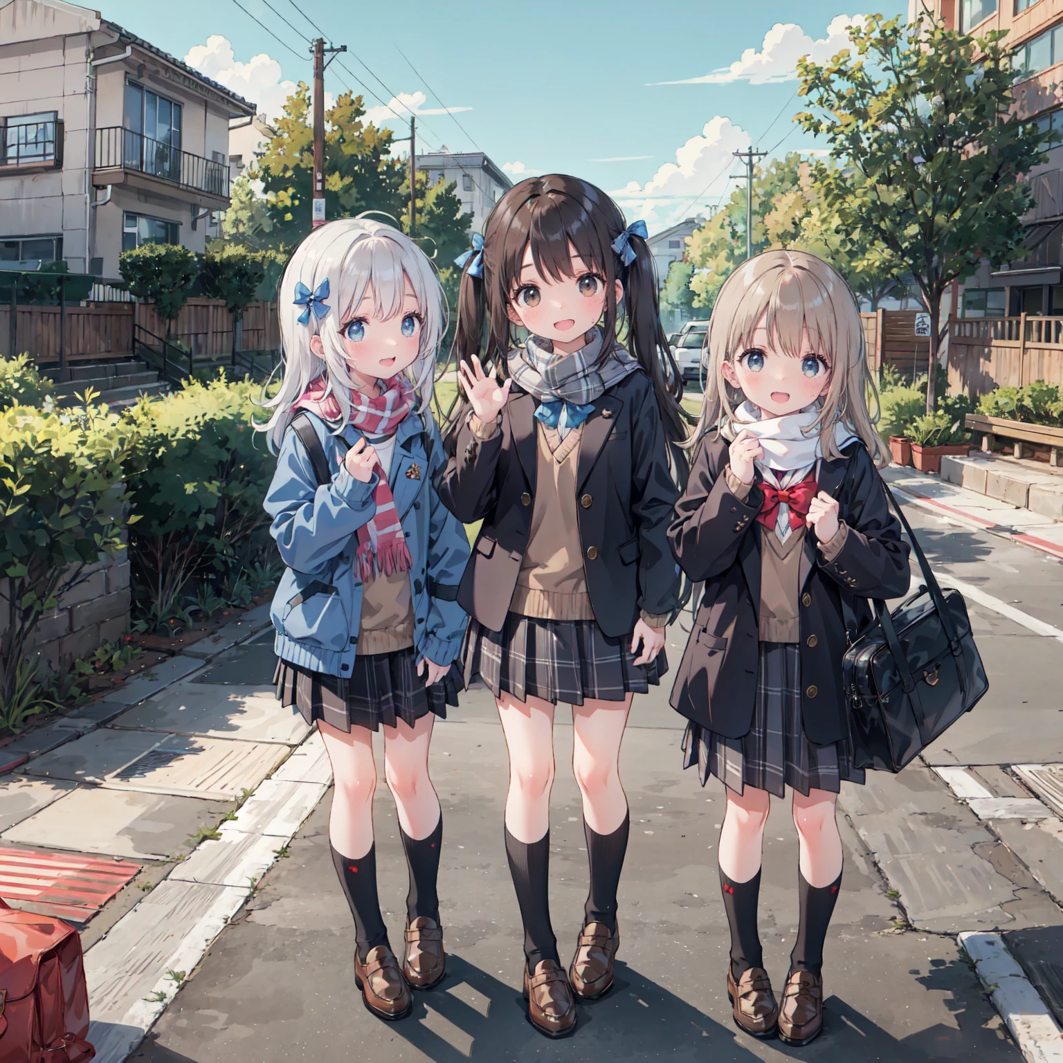 finely DetaileD illustration, best quality, masterpiece, vibrant color,8-year-old、pretty girl、幸せなsmile、Beautiful background,Long Hair, View your audience, blush, smile, Open your mouth, bangs, blue eyes, Multiple Girls, skirt, Brown Hair, shirt, Black Hair, Long sleeve, bow, Brown eyes, very Long Hair, , Are standing, Jacket, white shirt, :D, Sweat, pleateD skirt, Outdoor, Open clothes, shoes, Day, shoes下, Striped, collareD shirt, Please raise your hand, Three Girls, bag, scarf, reD bow, open Jacket, black Jacket, V-shaped eyebrows, Sleeves are longer than the wrist, parteD bangs, Plaid, Knee-length, nose blush, Plaid skirt, Brown footwear, flying SweatDrops, blazer, cardigan, loafers, grey skirt, school bag, Striped bow, Diagonal stripes, station