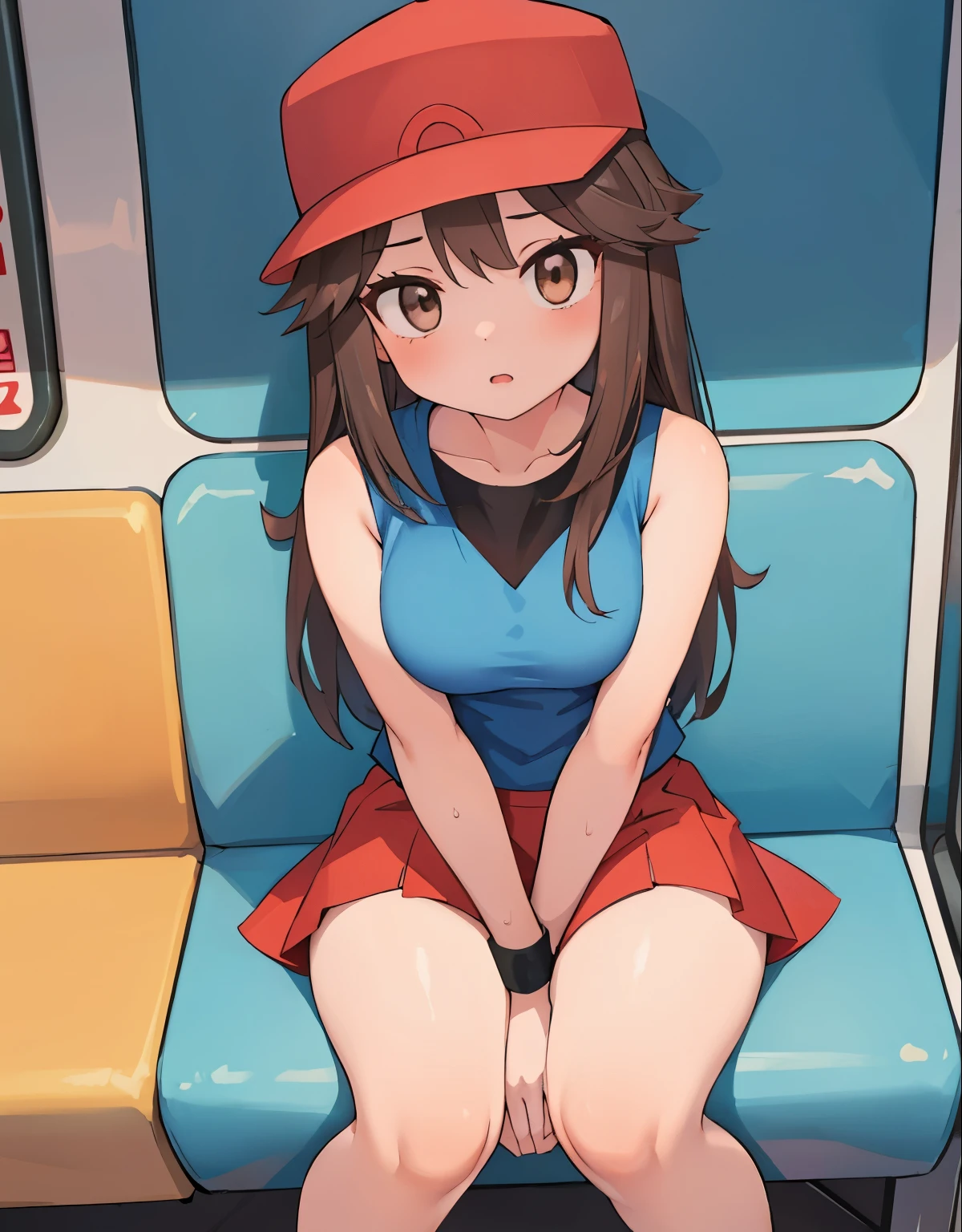 a girl on her knees with her mouth open, inside a train, 1trainerleaf1, sleeveless shirt, black wristbands, visible thighs,thick thighs,red skirt,blue shirt, brown eyes, hat, hands on thighs, View from above, beautiful and detailed eyes, feminine charm