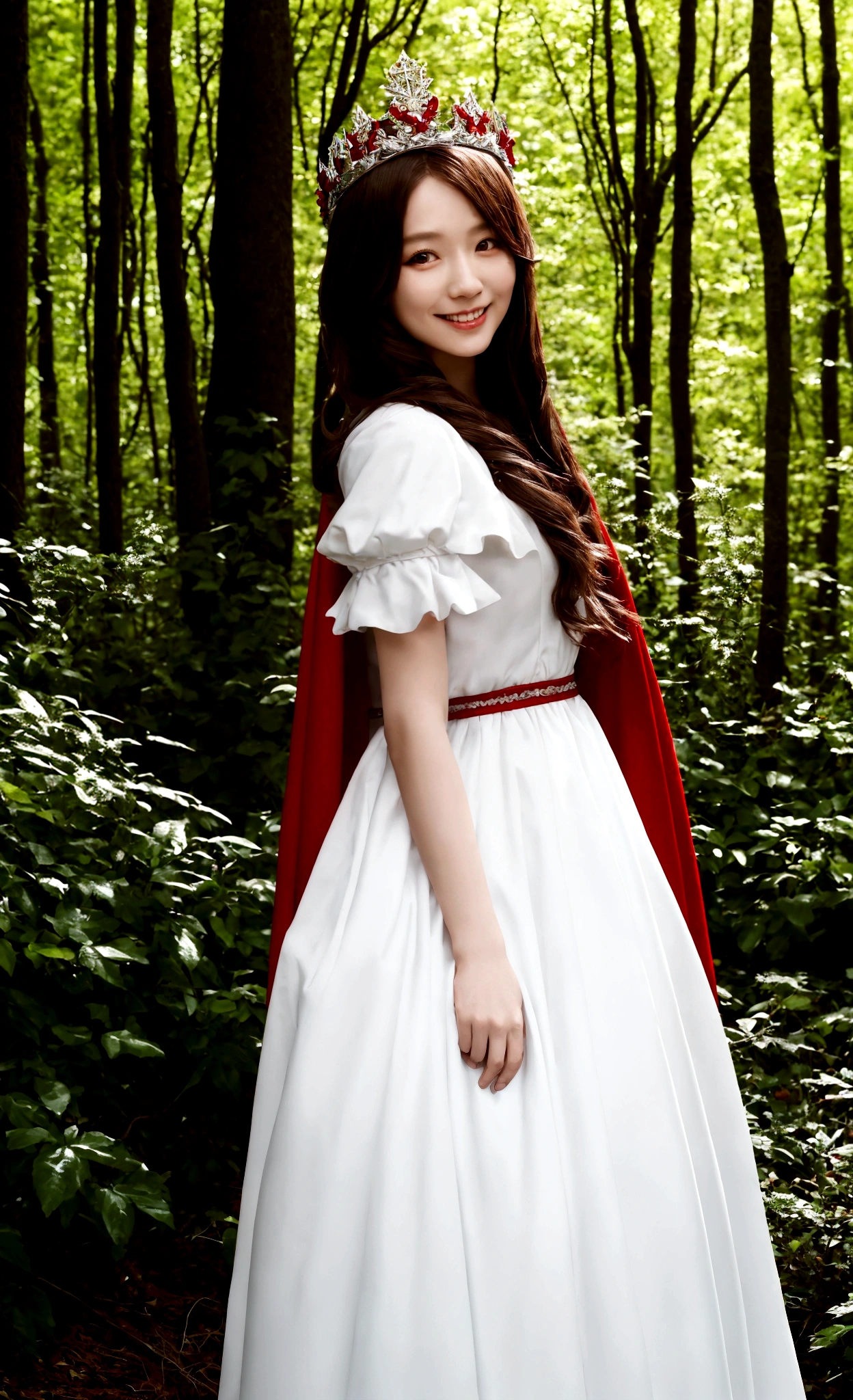Grateful girl, white long hairs, with white dress and red cloak, the crown in the head, stand in the forest waiting someon, she is very kind, she have sweety smile, full body, high quality, high details, artistic style, respectful attitudeextremely detailed) CG unity, 8k wallpaper, (cinematic angle), perfectly designed