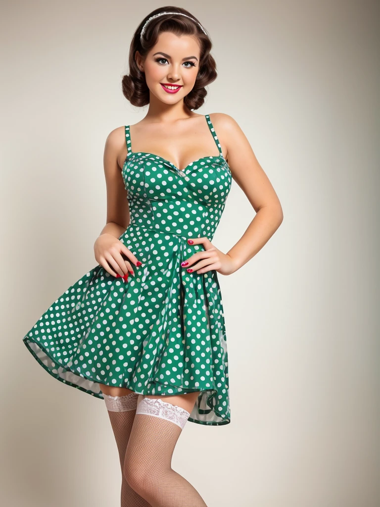 35mm photography front centered composition girl stands smiling playfully posing sexy pin up dressed in a green polka dot dress in pinup style white background beautiful eyes, perfect skin, detailed skin, big, beautiful fingers and nails , (4K, ultra detailed) stockings on legs professional studio photography