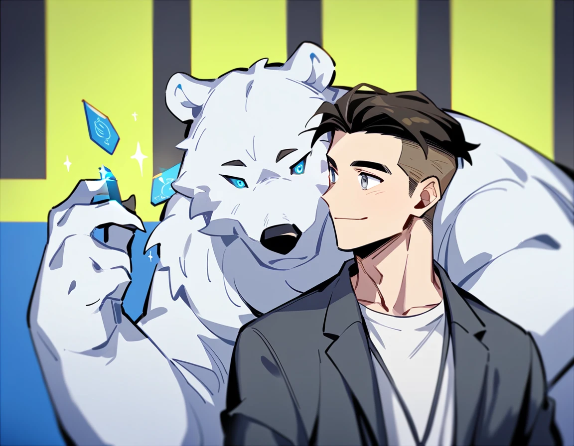 2 young men, focus man , Yaoi, pair, portable princess, bear, look elsewhere, smile, student, short hair, light brown hair, blue eyes, Acharya, black hair, Undercut style, gray eyes , The best aesthetics , best quality, Amazing quality, The best aesthetics, nonsense,bright