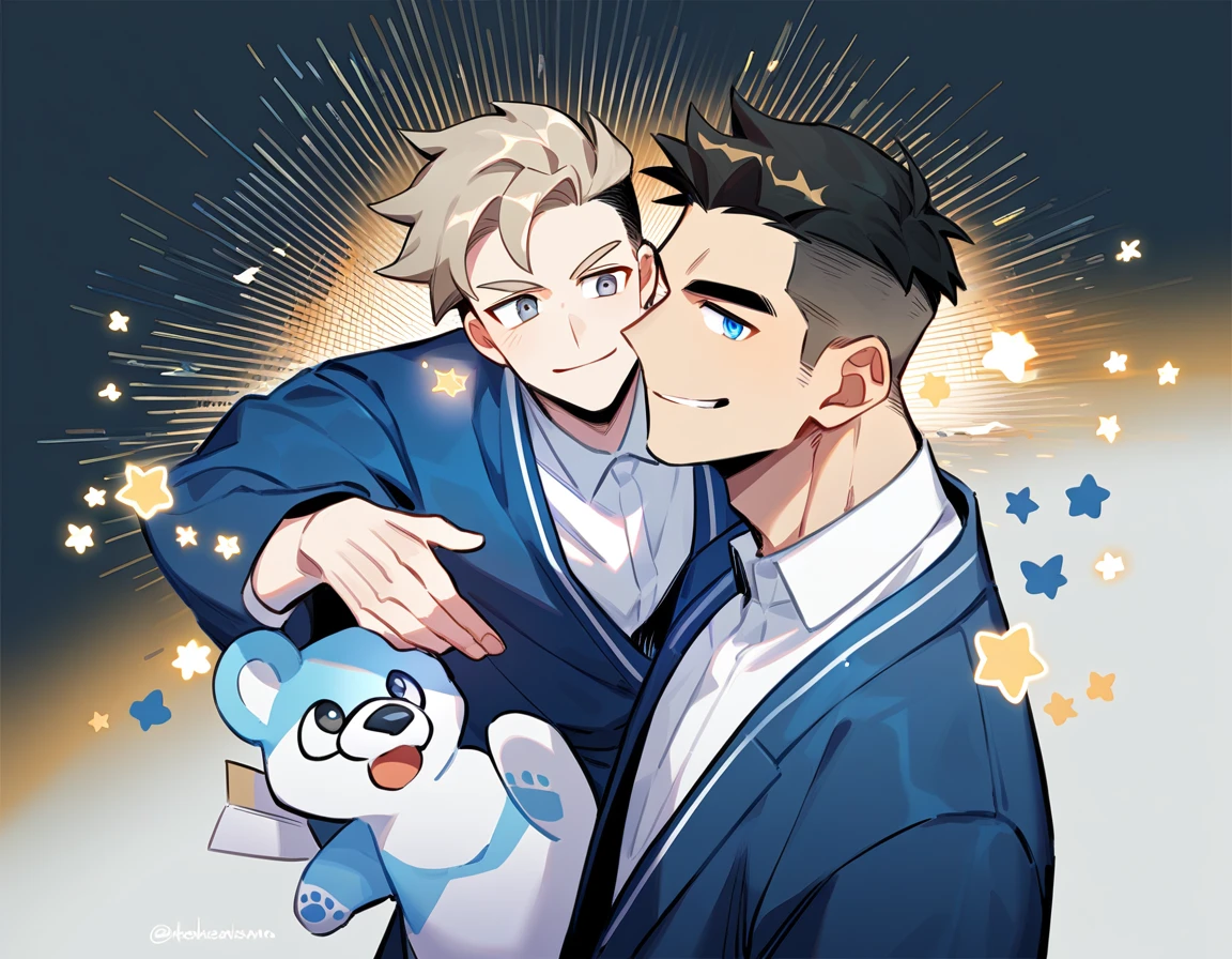 2 young men, focus man , Yaoi, pair, portable princess, bear, look elsewhere, smile, student, short hair, light brown hair, blue eyes, Acharya, black hair, Undercut style, gray eyes , The best aesthetics , best quality, Amazing quality, The best aesthetics, nonsense,bright