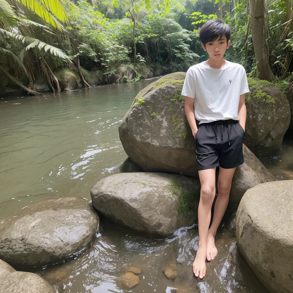 clothes: Wearing a white t-shirt, skinny, white volleyball shorts,bigger Phallus. shoes: wearing black shoes. situation: Handsome Indonesian young man 17 years old as sitting on a rock in the river with clothes soaked in river water . (Full body shot) (action focus)