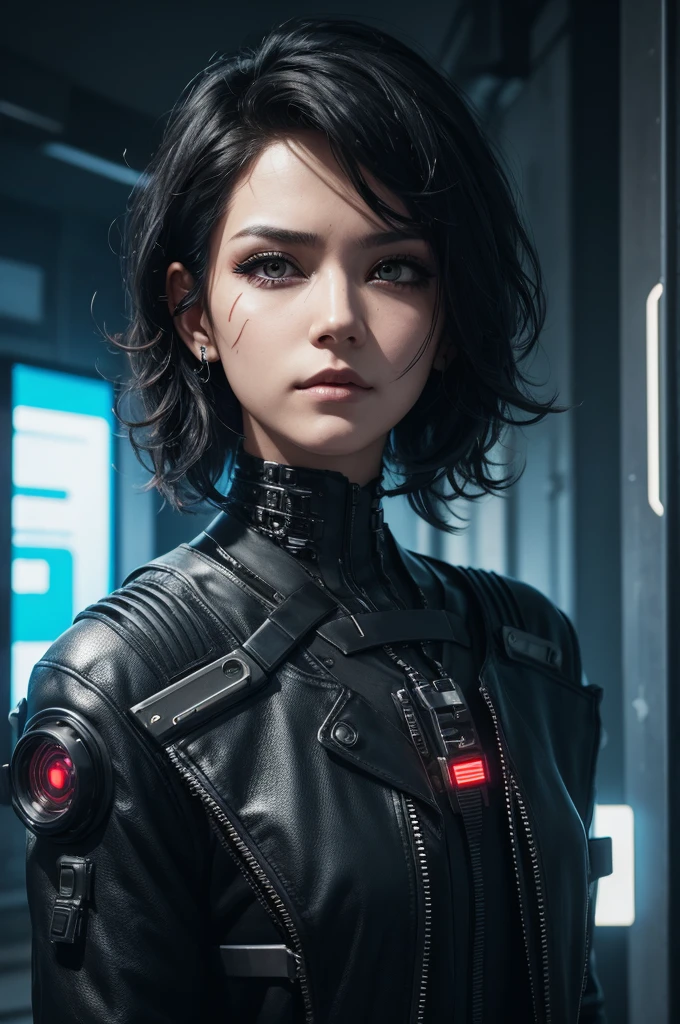 A cyberpunk-style face with metal parts, short black curly hair