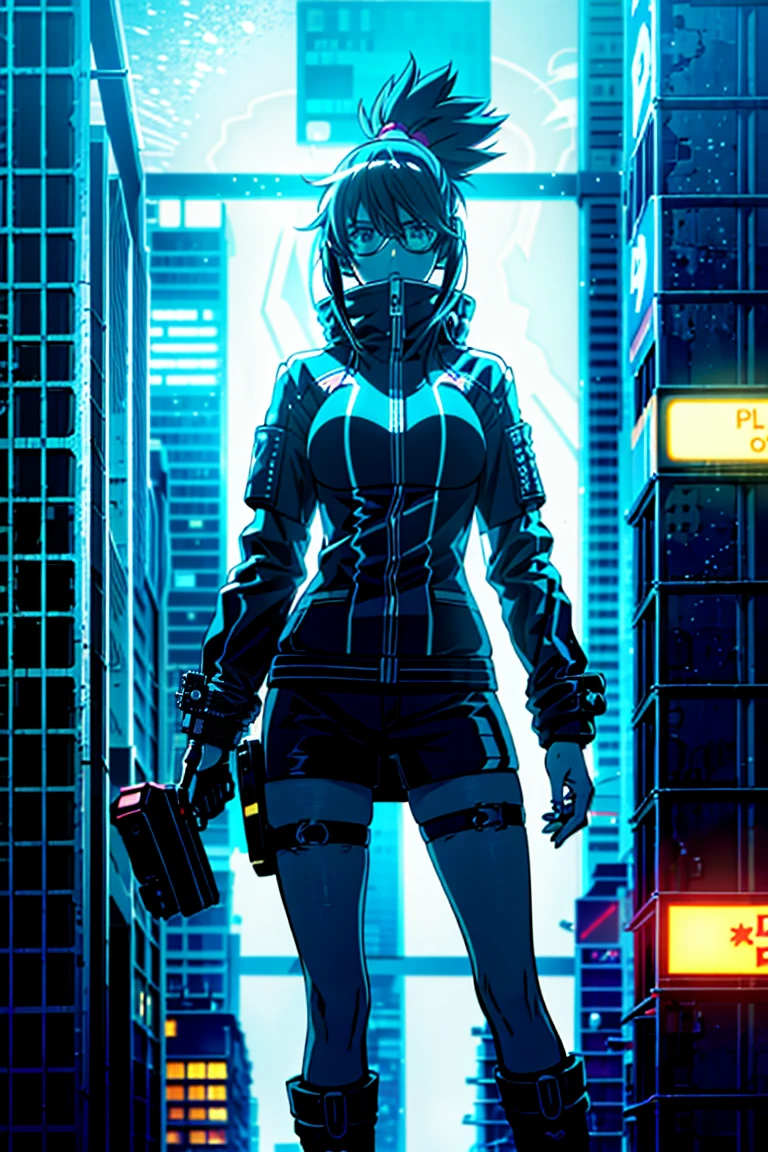 1 girl ,Masterpiece, Best Quality, ultra detailed, illustration, Cyberpunk rebel hackers style: Futuristic city quality: Sharp and dynamic, Character representation: A character who is an expert in lighting technology: The city's neon lights reflect its cybernetic improvements.. shading: Strong contrasts emphasize its confident and bold nature.. Clothes: Leather jacket with high-tech leggings. (black t-shirt), augmented reality glasses background: Alleys filled with holographic graffiti and neon signs, listening to music with headphones using a walkman, with a black and white Pikachu printed on his t-shirt