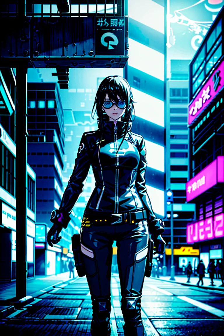 1 girl ,Masterpiece, Best Quality, ultra detailed, illustration, Cyberpunk rebel hackers style: Futuristic city quality: Sharp and dynamic, Character representation: A character who is an expert in lighting technology: The city's neon lights reflect its cybernetic improvements.. shading: Strong contrasts emphasize its confident and bold nature.. Clothes: Leather jacket with high-tech leggings. (black t-shirt), augmented reality glasses background: Alleys filled with holographic graffiti and neon signs, listening to music with headphones using a walkman, with a black and white Pikachu printed on his t-shirt
