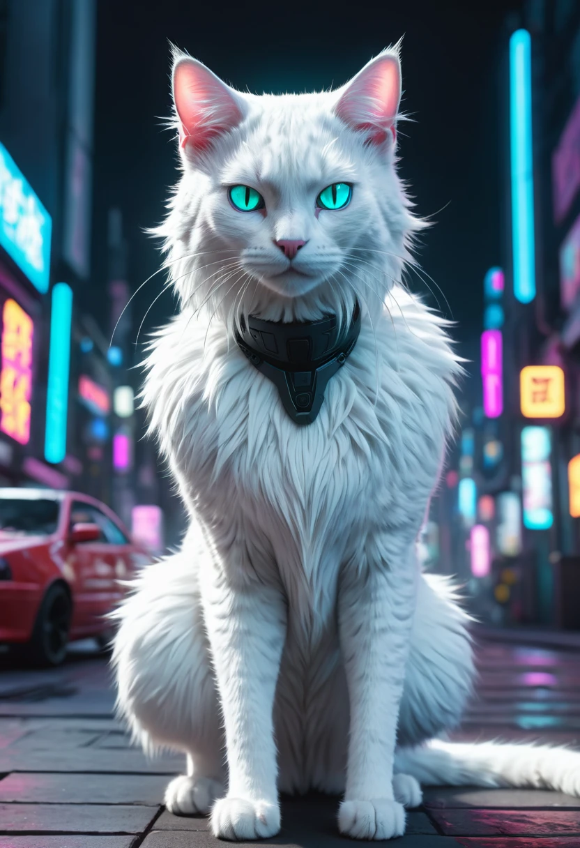 High quality, Extremely detailed, Cyberpunk white cat, furry, neon, High resolution, brighting eyes, full body, Cinematic shots,