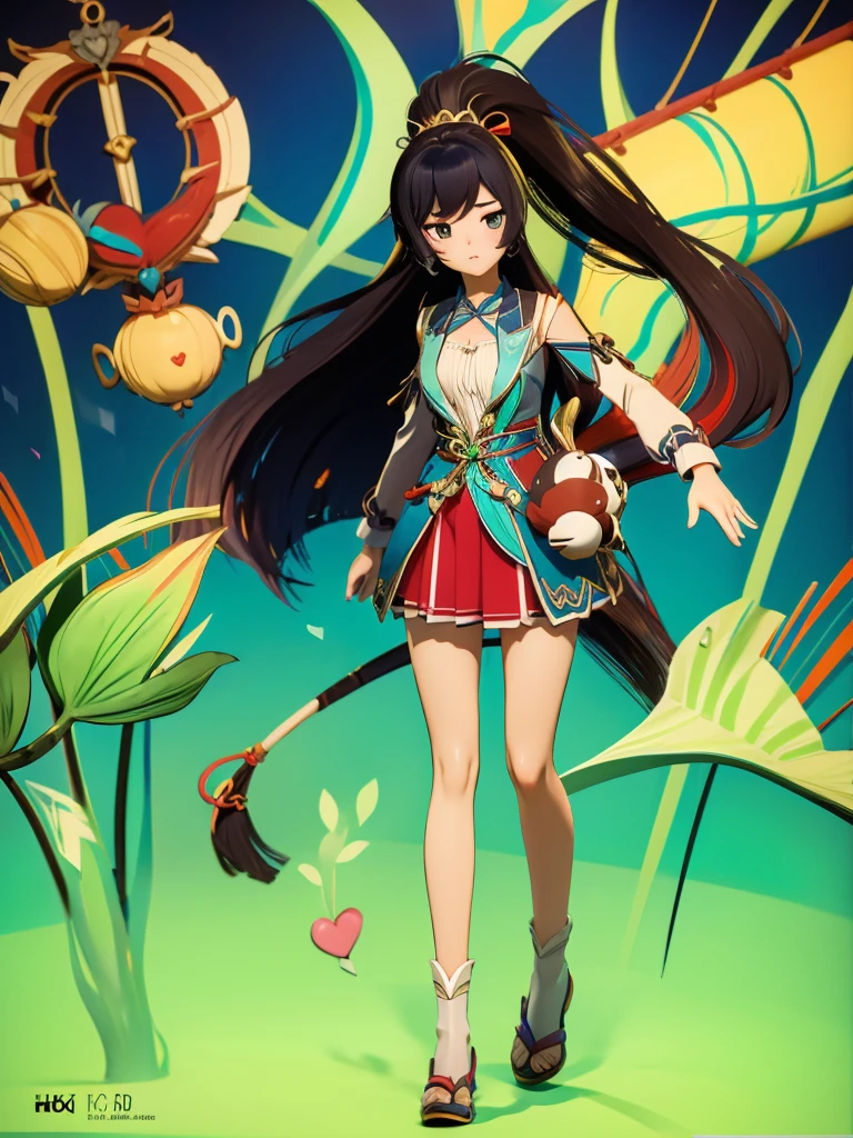 Seizo Watase style, Simple Line Initialism，Abstract art, 3d character, colorful hearts ,(((The most beautiful girl of all time))),  (full body 1.2), only girl, 20 year old, full body, (((8k))),, (((3d))), long hair, black hair, jungle background, hair tied high, 