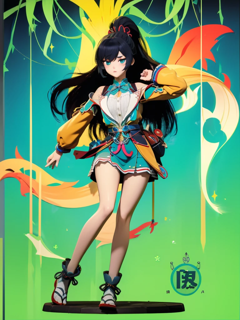 Seizo Watase style, Simple Line Initialism,Abstract art, 3d character, colorful hearts ,(((The most beautiful girl of all time))), (full body 1.2), only girl, 20 year old, full body, (((8k))),, (((3d))), long hair, black hair, jungle background, hair tied high,