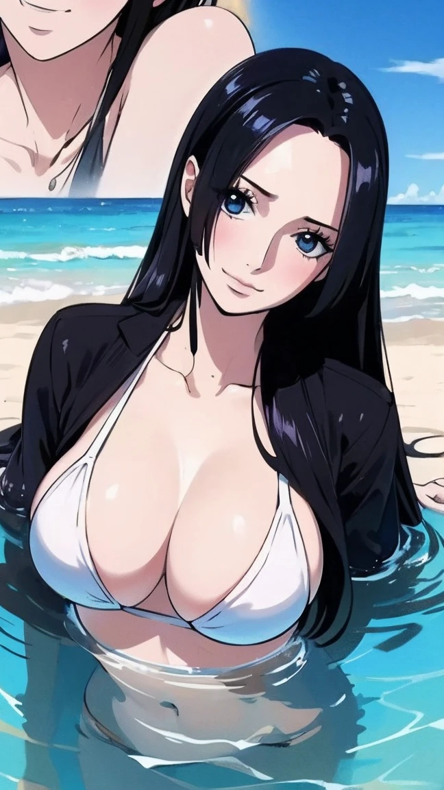 best quality, masterpiece, highly detailed,1girl, (detail light), Boa Hancock,, (masterpiece:1.5), Detailed Photo, Smiling,(8K, Photorealistic, Best Quality: 1.4), (1girl), Beautiful Face, (anime realistic Face), (Black Hair, long Hair: 1.3), Beautiful Hairstyle, Realistic eyes, beautiful detail eyes, (realistic skin), beautiful skin, absurd, attractive, ultra high resolution, ultra realistic, high definition, beach background, large breasts, white bikini