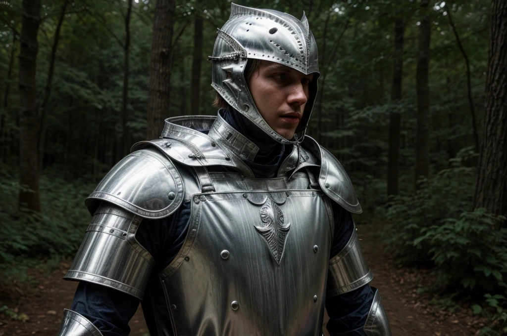 a young white male dressed in homemade tin foil knight outfit, knight, in the woods, detailed face, detailed armor, metallic armor, medieval, fantasy, dramatic lighting, cinematic, 4k, hyper detailed, photorealistic, vibrant colors, depth of field