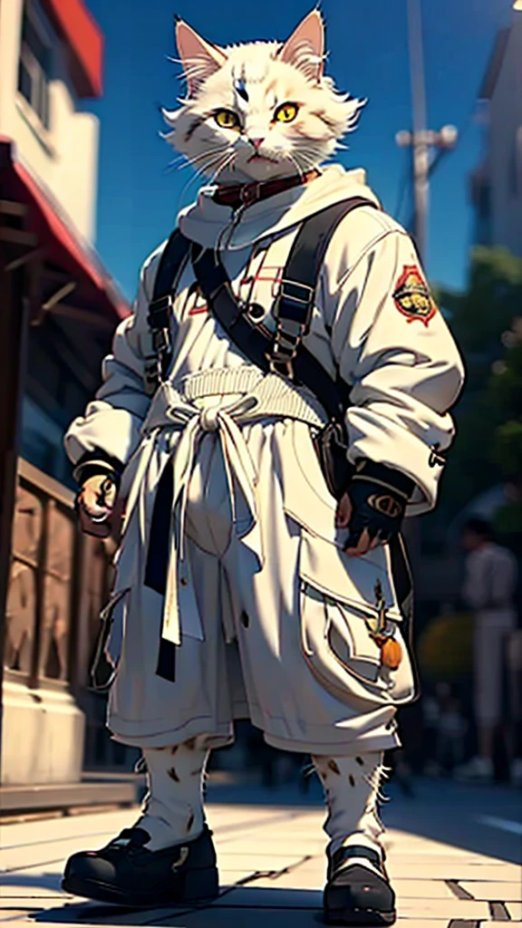 character sheet of anime , (beautiful scenery), whole body, entire body, full body, total body, upright stance, erect posture, (shoes), (Detail of fingers of both hands), There are statues, gentleman,athlete, detailed paintings in 4k, gorgeous anime with intricate CGI style, 4k high definition graphics, Refine and enhance the following anime-style character design:
- Fangs: Sharp, prominent fangs
- Body: Muscular and large build, with detailed muscle definition
- Clothing: Wearing a detailed cat-skin loincloth with realistic texture
- Expression: glowing eyes
- Background: no-Background.