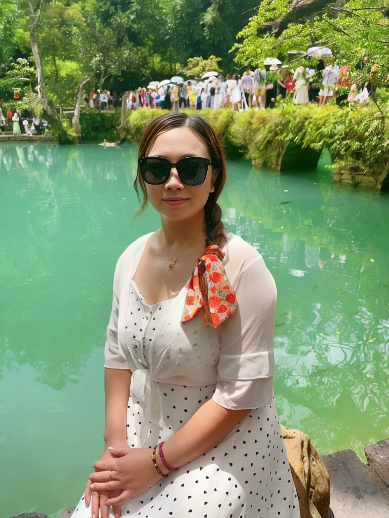There was a woman sitting on a rock near the pond, photograph taken in 2 0 2 0, waterfall in background, standing next to water, vacation photo, river in the background, On a sunny day, Lake in the background, in lake, Gorgeous lady, beautiful lady, waterfall in background, next to a waterfall, fish in the background