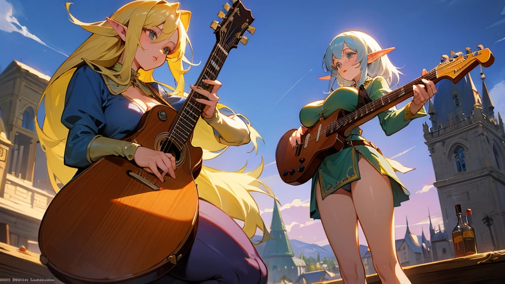 Anime Style,Nostalgic,Detailed background,The medieval world,A lively bar with lots of people,Beautiful sky,Beautiful Elf Bard,guitar,Large Breasts,Healthy thighs