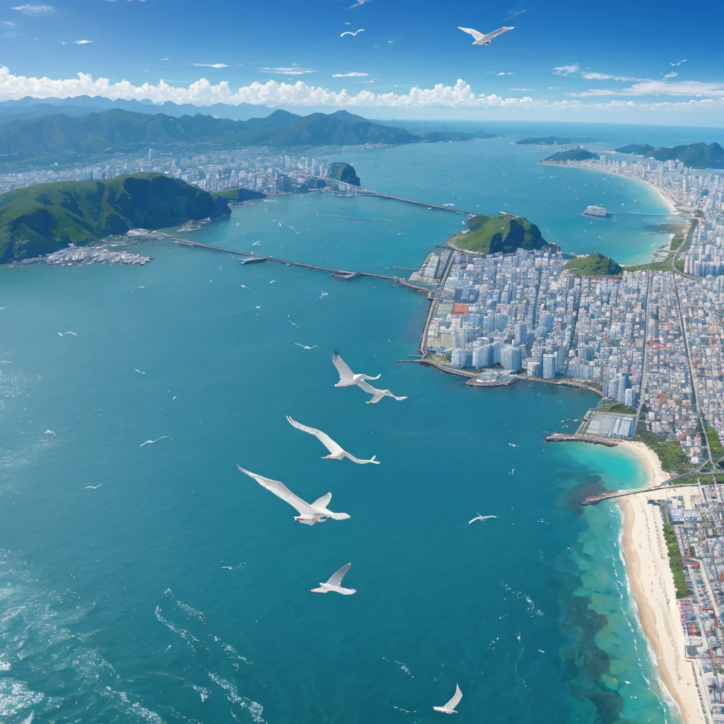 On the clear sea，Flew past several seagulls，Long-range perspective，Japanese comic style