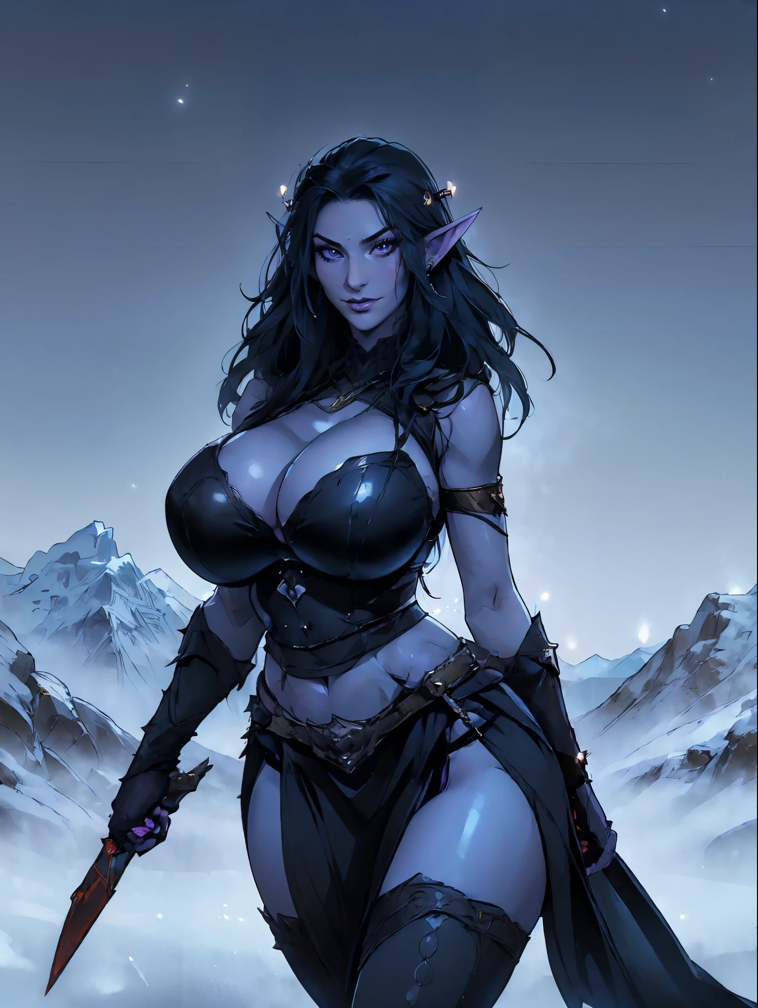 (masterpiece, top quality, best quality, official art, beautiful and aesthetic:1.2), (1girl:1.3), ((Sharp facial features, sharp features, hawkish features)), ((big hair, long elf ears, long black hair)), (((pale purple skin, pale blue skin, blue skin, purple skin))), big tiddy dark elf girl, extremely detailed, portrait, looking at viewer, solo, (full body:0.6), detailed background, full-body shot, (cold night mountain theme:1.1), dark elf war dancer, (spiky winged helmet), charlatan, smirk, mysterious, swaying in mountains, skimpy attire, revealing gladiatrix costume, ebony metal, gold filigree, long boots, dual knives, blood red fabric, pelvic curtain, loincloth, black leather, ((((gigantic breasts, cleavage, skindentation, long legs, pelvic curtain)))), cute belly button, toned tummy, slim waist, slim hips, long legs, medieval (mountain exterior:1.1) background, dark mysterious lighting, shadows, magical atmosphere, dutch angle