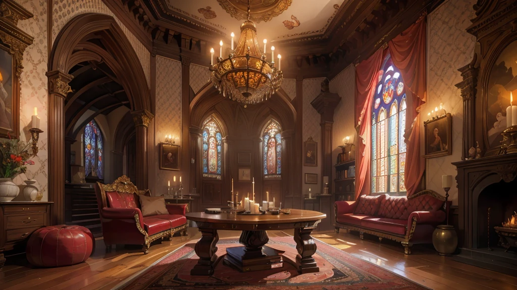 church style living room,(best quality,4K,8k,high resolution,masterpiece:1.2),Super detailed,(actual,photoactual,photo-actual:1.37),warm light,wooden floor,ornate fireplace,cathedral ceiling,Large stained glass windows,high arch,Exquisite wooden furniture,antique chandelier,elegant wall light,Detailed carvings and engravings,Soft velvet curtains,Warm colors、richly patterned rug,Historical Painting and Religious Art,Comfortable upholstered chairs,Carved wooden coffee table,Altar in the corner,Peaceful and tranquil atmosphere,religious icons and statues,Candles flicker in dim light,Bookshelf filled with leather bound books,Tranquil sacred music plays in the background,Sunlight shines through stained glass windows,peaceful atmosphere.