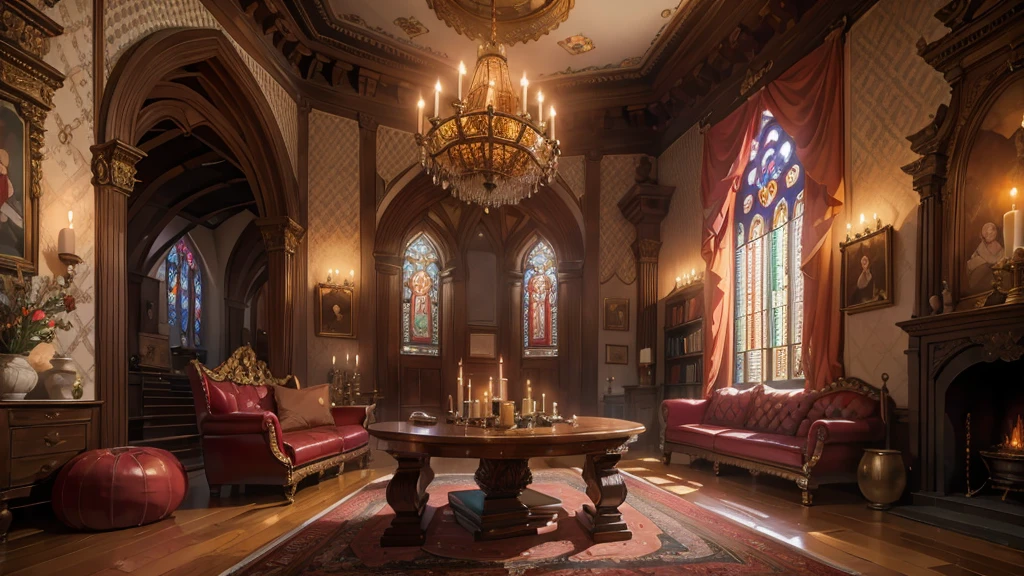 church style living room,(best quality,4K,8k,high resolution,masterpiece:1.2),Super detailed,(actual,photoactual,photo-actual:1.37),warm light,wooden floor,ornate fireplace,cathedral ceiling,Large stained glass windows,high arch,Exquisite wooden furniture,antique chandelier,elegant wall light,Detailed carvings and engravings,Soft velvet curtains,Warm colors、richly patterned rug,Historical Painting and Religious Art,Comfortable upholstered chairs,Carved wooden coffee table,Altar in the corner,Peaceful and tranquil atmosphere,religious icons and statues,Candles flicker in dim light,Bookshelf filled with leather bound books,Tranquil sacred music plays in the background,Sunlight shines through stained glass windows,peaceful atmosphere.