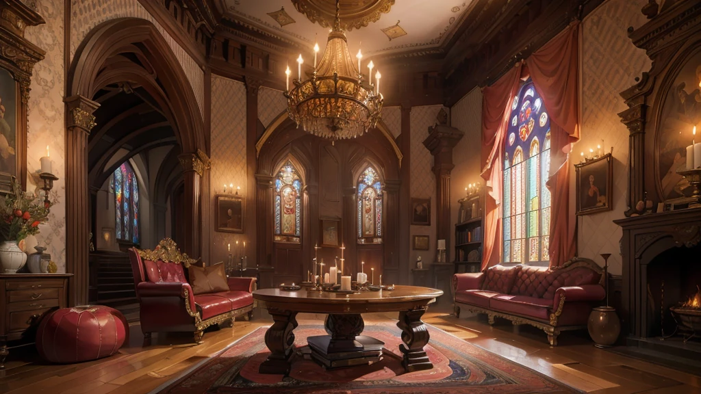 church style living room,(best quality,4K,8k,high resolution,masterpiece:1.2),Super detailed,(actual,photoactual,photo-actual:1.37),warm light,wooden floor,ornate fireplace,cathedral ceiling,Large stained glass windows,high arch,Exquisite wooden furniture,antique chandelier,elegant wall light,Detailed carvings and engravings,Soft velvet curtains,Warm colors、richly patterned rug,Historical Painting and Religious Art,Comfortable upholstered chairs,Carved wooden coffee table,Altar in the corner,Peaceful and tranquil atmosphere,religious icons and statues,Candles flicker in dim light,Bookshelf filled with leather bound books,Tranquil sacred music plays in the background,Sunlight shines through stained glass windows,peaceful atmosphere.