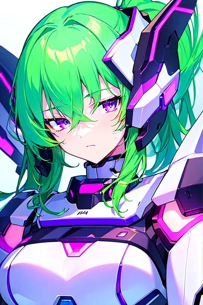 [(WHITE BACKGROUND:1.5),::5], ((((masterpiece)))), high quality, ultra very high resolution, full color, (((solo))), ((Mecha musume)), Mecha girl, ((Green hair)), (Purple eyes), anime, upper body, neon light, cyborg body, (Purple neon effect:1.2)