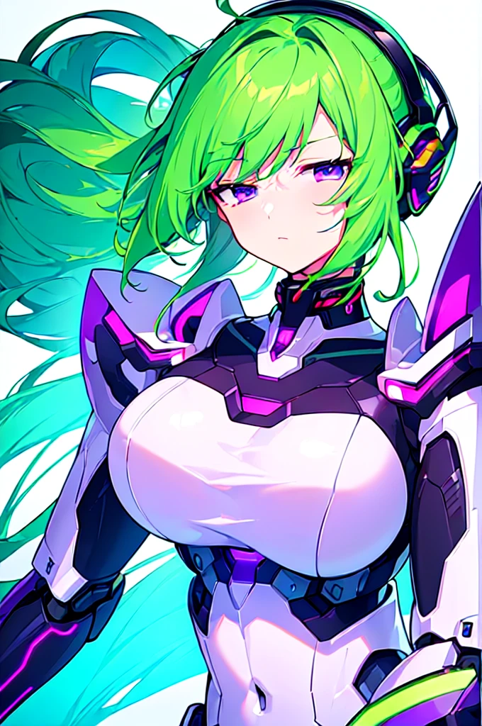 [(WHITE BACKGROUND:1.5),::5], ((((masterpiece)))), high quality, ultra very high resolution, full color, (((solo))), ((Mecha musume)), Mecha girl, ((Green hair)), (Purple eyes), anime, upper body, neon light, cyborg body, (Purple neon effect:1.2)