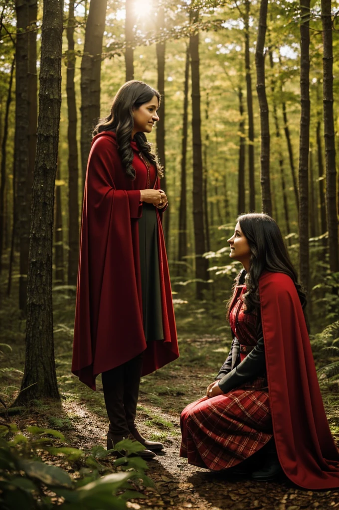 In the woods, a mother talking to her daughter, the leaf wears a red cape.