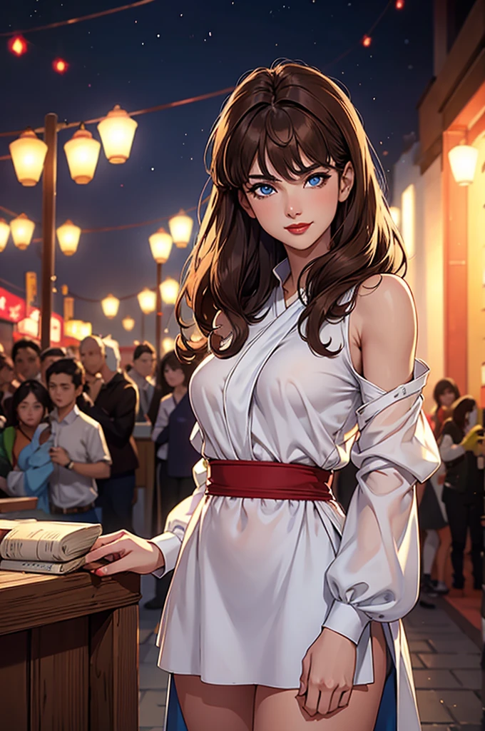 (extremely delicate and beautiful: 1.2), 1girl, bangss, blue colored eyes, blur, blur background, 弓, brown hair, Shut your mouth, side view, hair between the eyes, hair 弓, latern, light particles, long sleeves, look at audience, medium hair, natta, red 弓, standing alone, stele(symbol), upperbody, sorrido, red lips