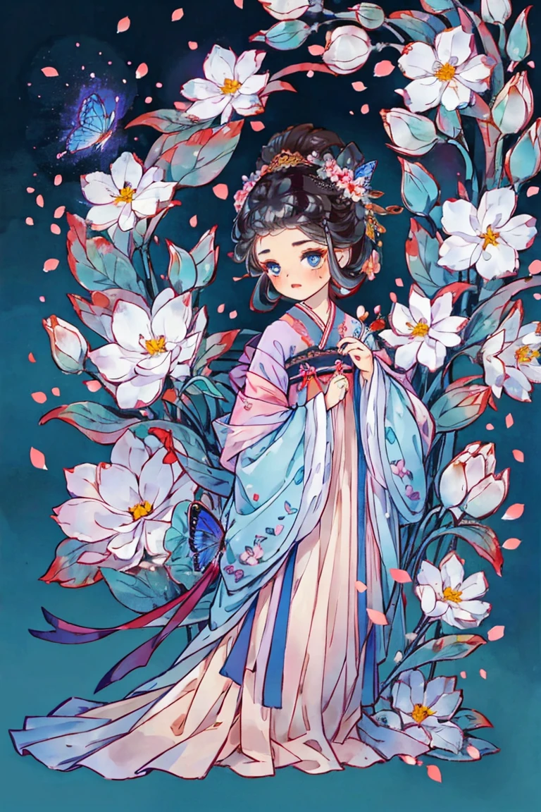 1 sister, Solitary, Model Diagram，Looking at the audience, Blushed, background, black hair color, Hair accessories, Long sleeve, 白色background, eternal, Full body female, Flowers in bloom, Flowering, OK, Butterfly, masterpiece, Recent quality, 最OK细节, Clear facial features, beautiful eyes