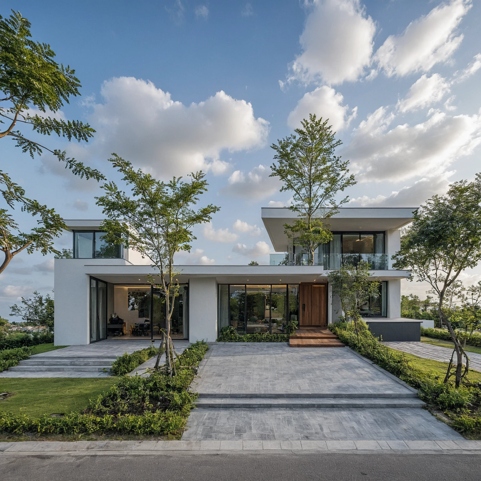 Masterpiece, high quality, best quality, authentic, super detail, outdoors, onestoreyvillaXL, aiaigroup, house style modern on the street ,stairs, white wall ,road,pavement, grass, trees, sky, cloud, (daylight:1.1)