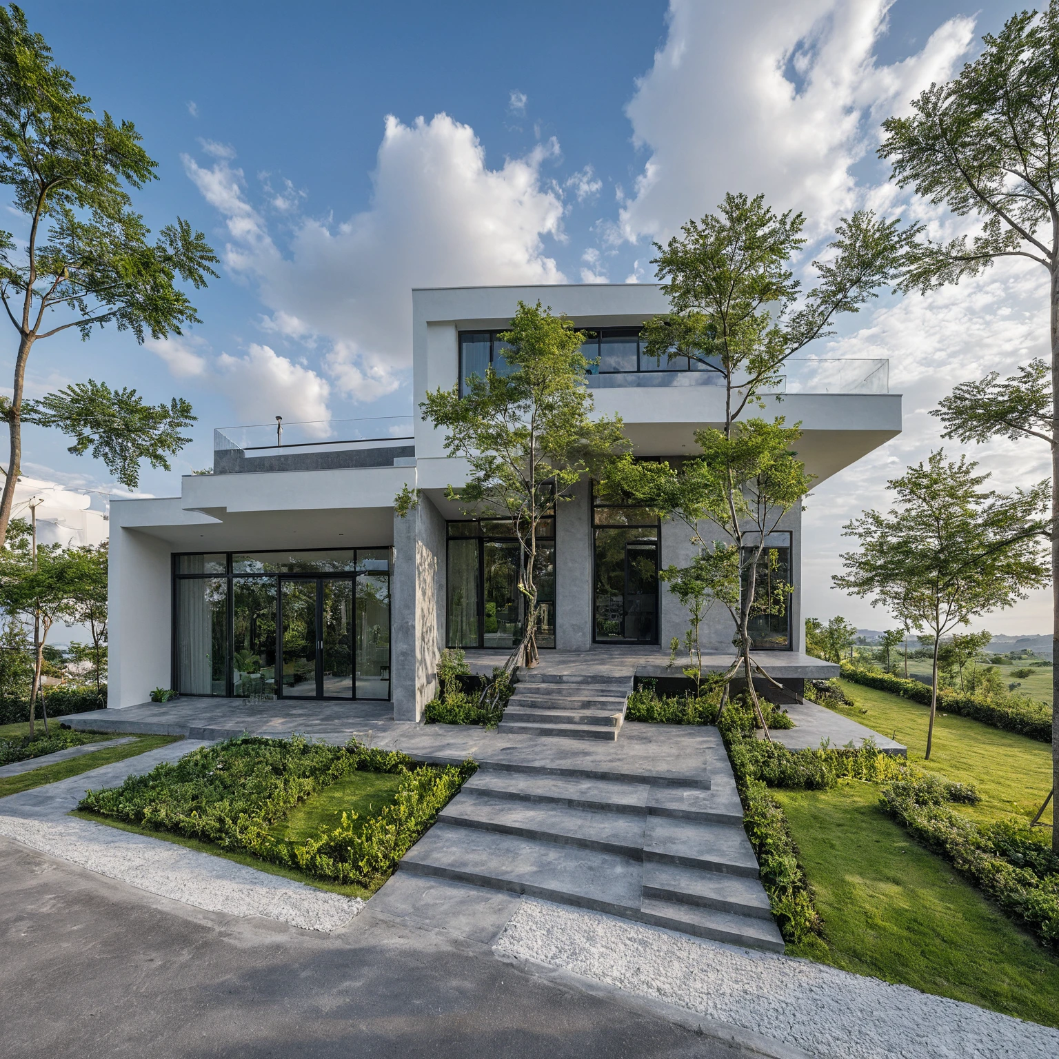 Masterpiece, high quality, best quality, authentic, super detail, outdoors, onestoreyvillaXL, aiaigroup, house style modern on the street ,stairs, white wall ,road,pavement, grass, trees, sky, cloud, (daylight:1.1)
