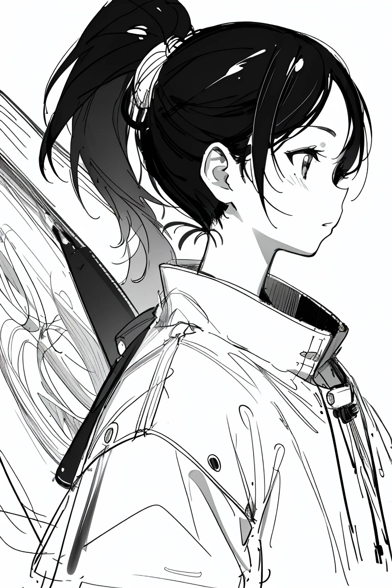 masterpiece, Acura, One girl, alone, short, Profile close-up, , tie, White Background, Monochrome, Line art, ((sketch))