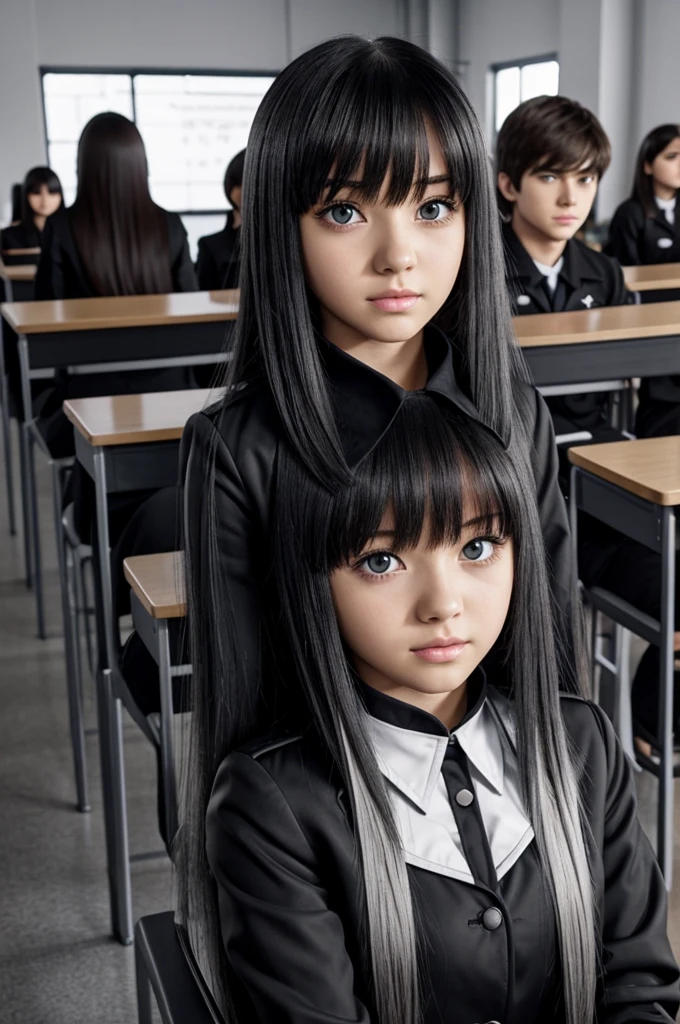 My hero academy screenshots.
Anime girl with long white straight hair with bangs,bright gray eyes and has a serious expression. She is wearing a short black dress with a black jacket and in the background she has a UA school class and is sitting in a chair