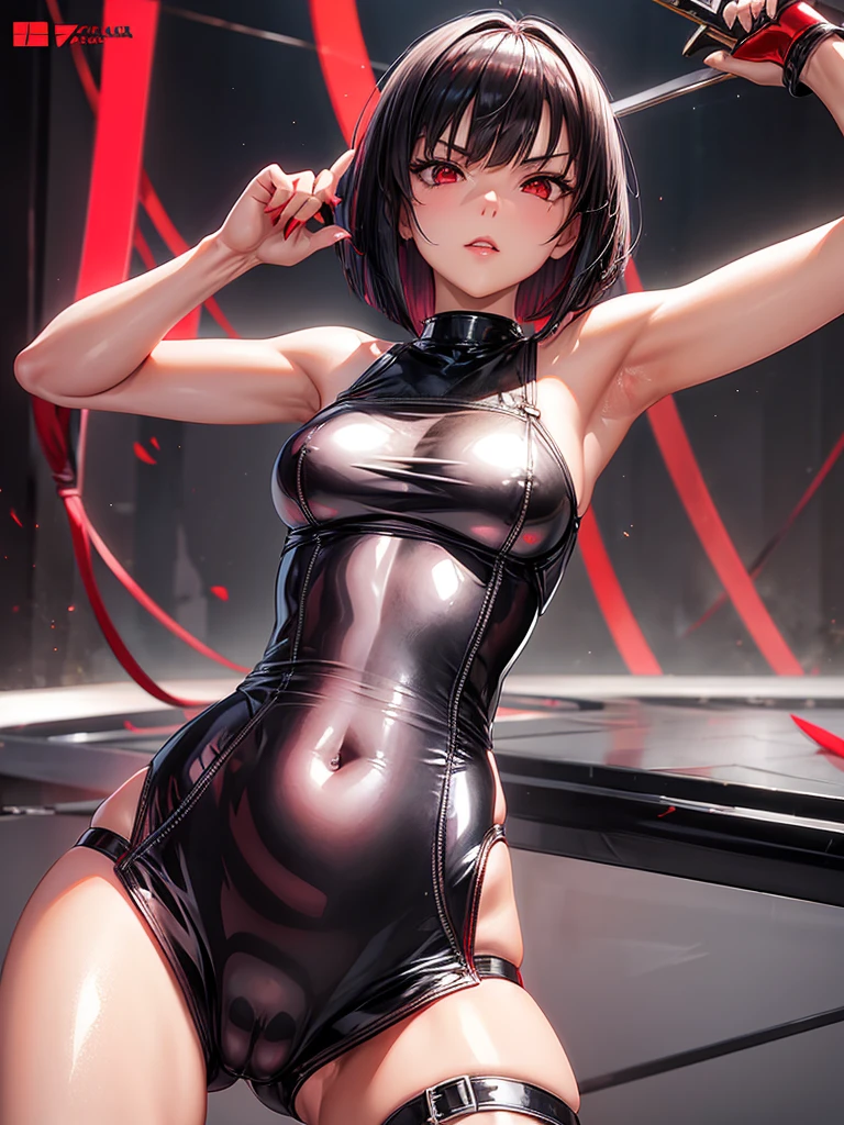 solo girl,Glossy metalic light silver tank top, tight latex shiny, Red interpolation color,Black hair bob,red eyes, camel toe, Samurai Sword,
Lift one leg, sexy lady, กางเกงใน girl,