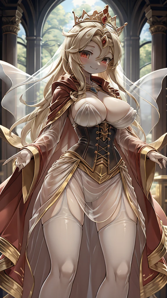 Queen，Innocent expression，Innocent smile，crown，redcloak，Blonde，Big breasts， red，redcloak，cloak，Transparent skirt，Transparent textured skirt，Transparent textured skirt，Transparent shirt，Transparent coat，Transparent coat，Transparent coat，Translucent raincoat，Bottom lining，内衬搭配Transparent coat，比基尼underwear，半Transparent coat，No nsfw content，Content Review，No objectionable content，underwear，underwear，Corset，Transparent coat下面是underwear，Transparent textured skirt，Content Review