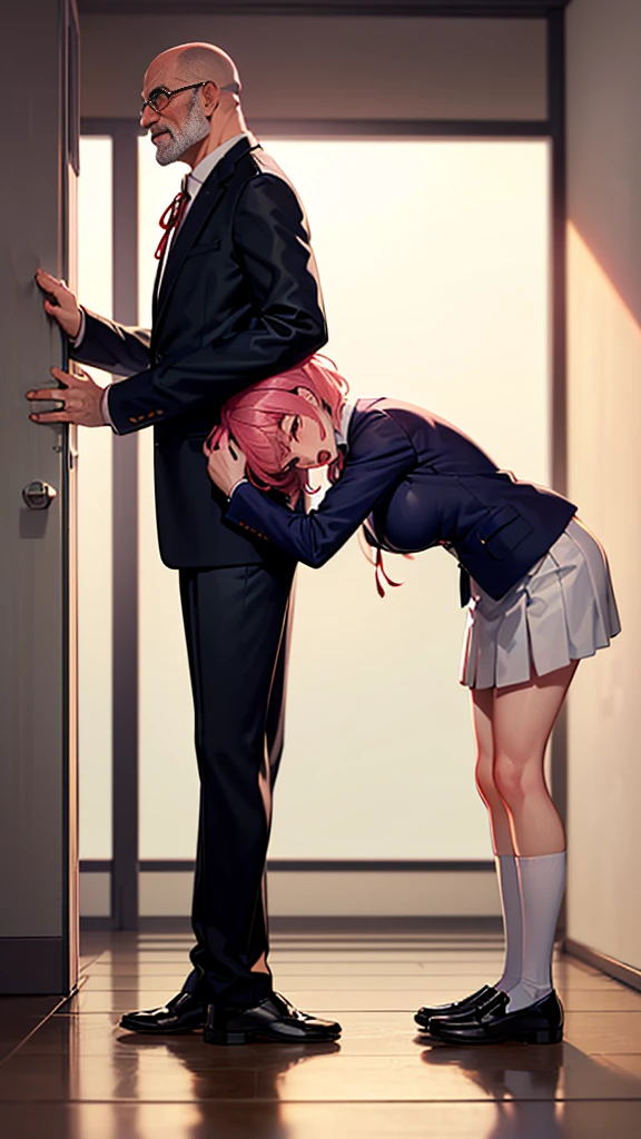 (bent over:1.3), (bentover:1.3), (female on tiptoes:1.3), from side, full body, man behind woman, 1boy, standing sex, standing doggystyle, hetero,
(1girl:perfect face, slim body, medium breasts, short pink hair, ,blazer,white shirt,red ribbon, skirt,collared shirt, shoes, loafers, open mouth, )
(1boy:ugly, dilf, mature male,hand on her head,ossan, fatman, hetero, (ugly man,:1.4) age difference, old man, )
masterpiece, best quality, absurdres, highres, 4k, ray tracing, intricate details, highly detailed,