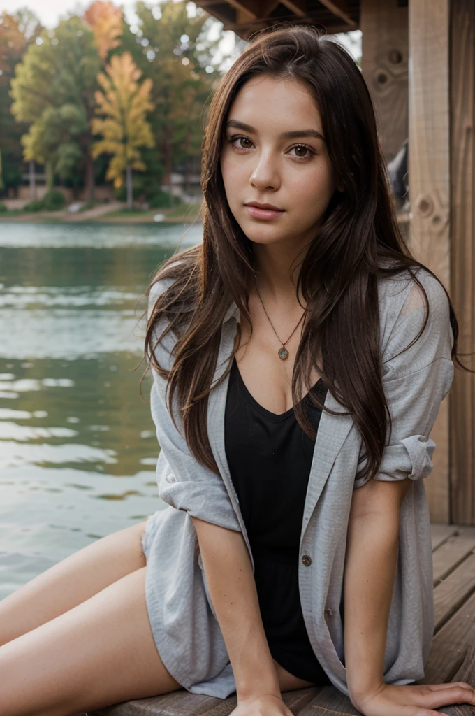 1girl in, 30 years old, Square face, Long hair, Looking at viewer, jewelry, Reality, Sexy, student clothes , Lake backdrop , resting position